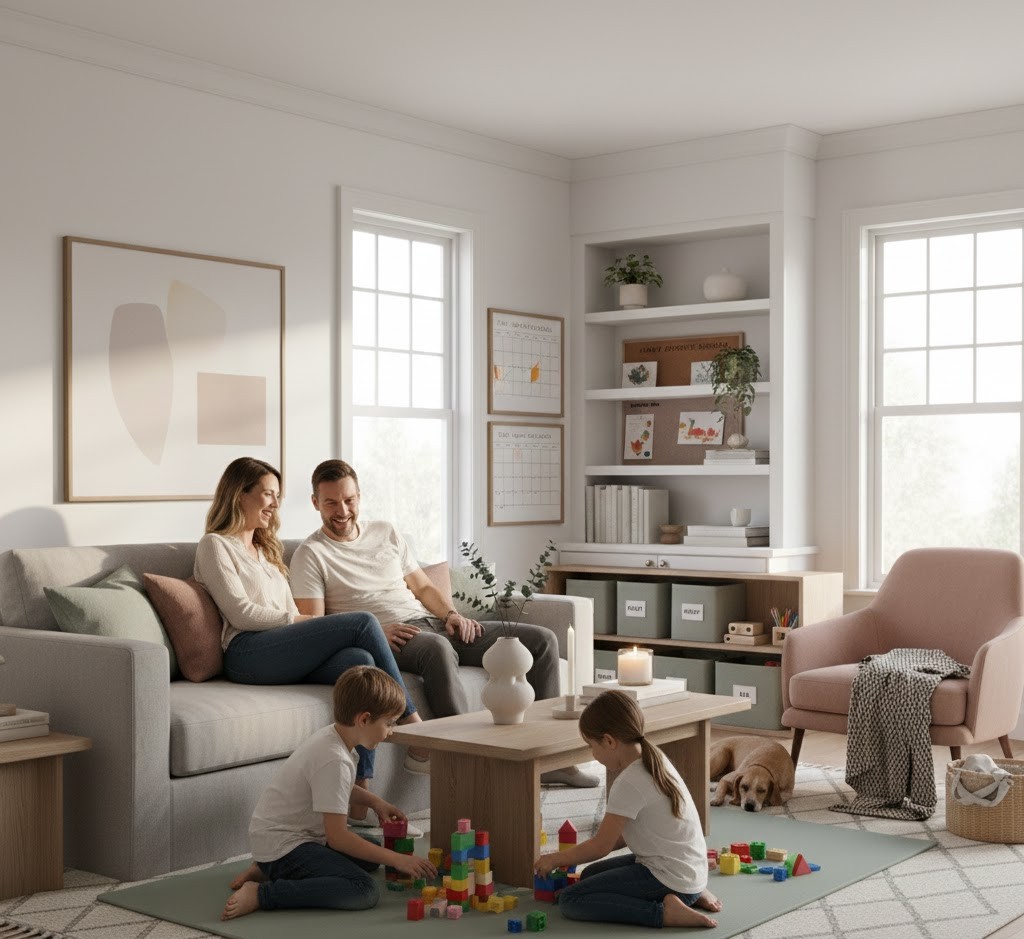 Happy family in organized home